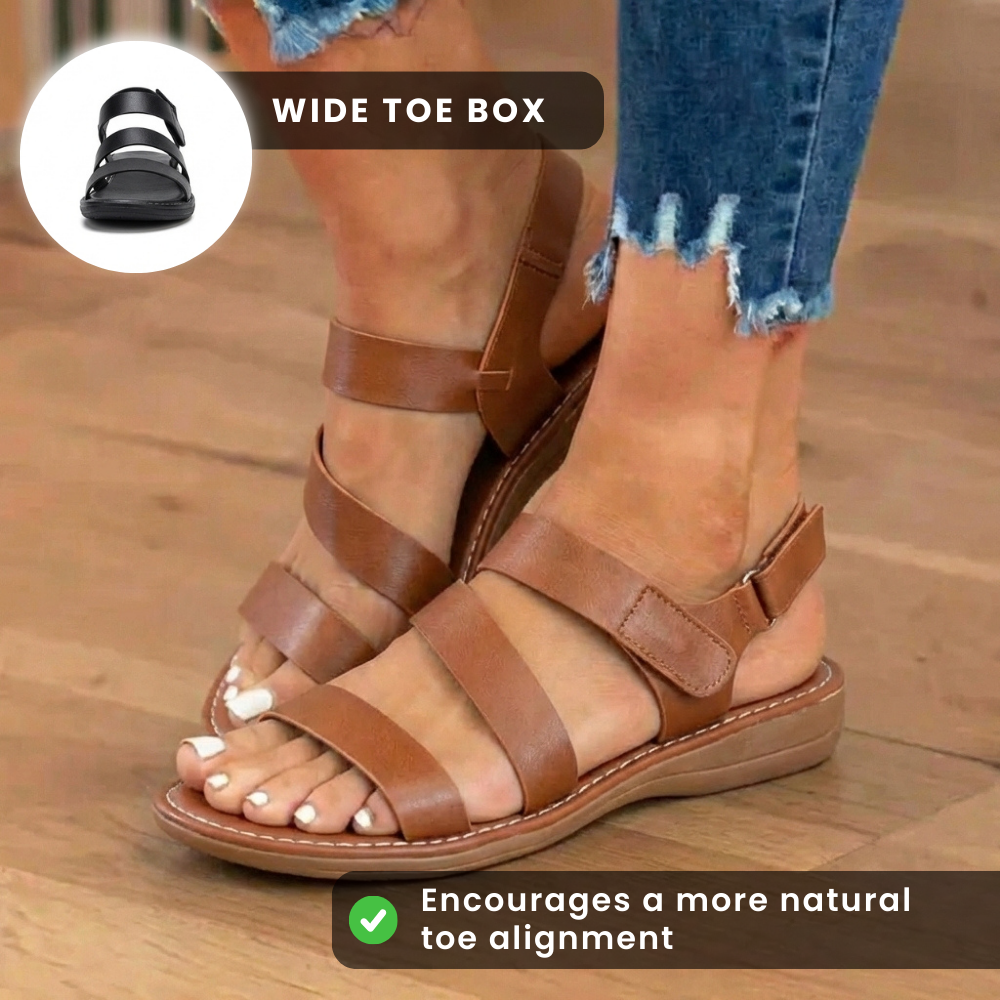 Orthopedic Leather Multi-Strap Sandals - Triple Buckle Closure