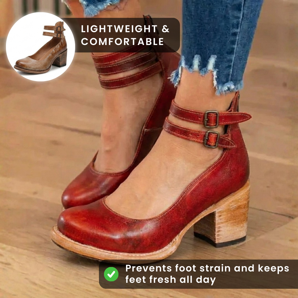 Orthopedic Leather Ankle Boots - Block Heel Double Buckle Strap