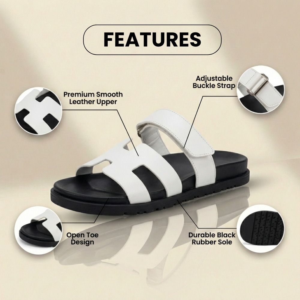 Orthopedic Leather H-Strap Slide Sandals - Adjustable Buckle Closure