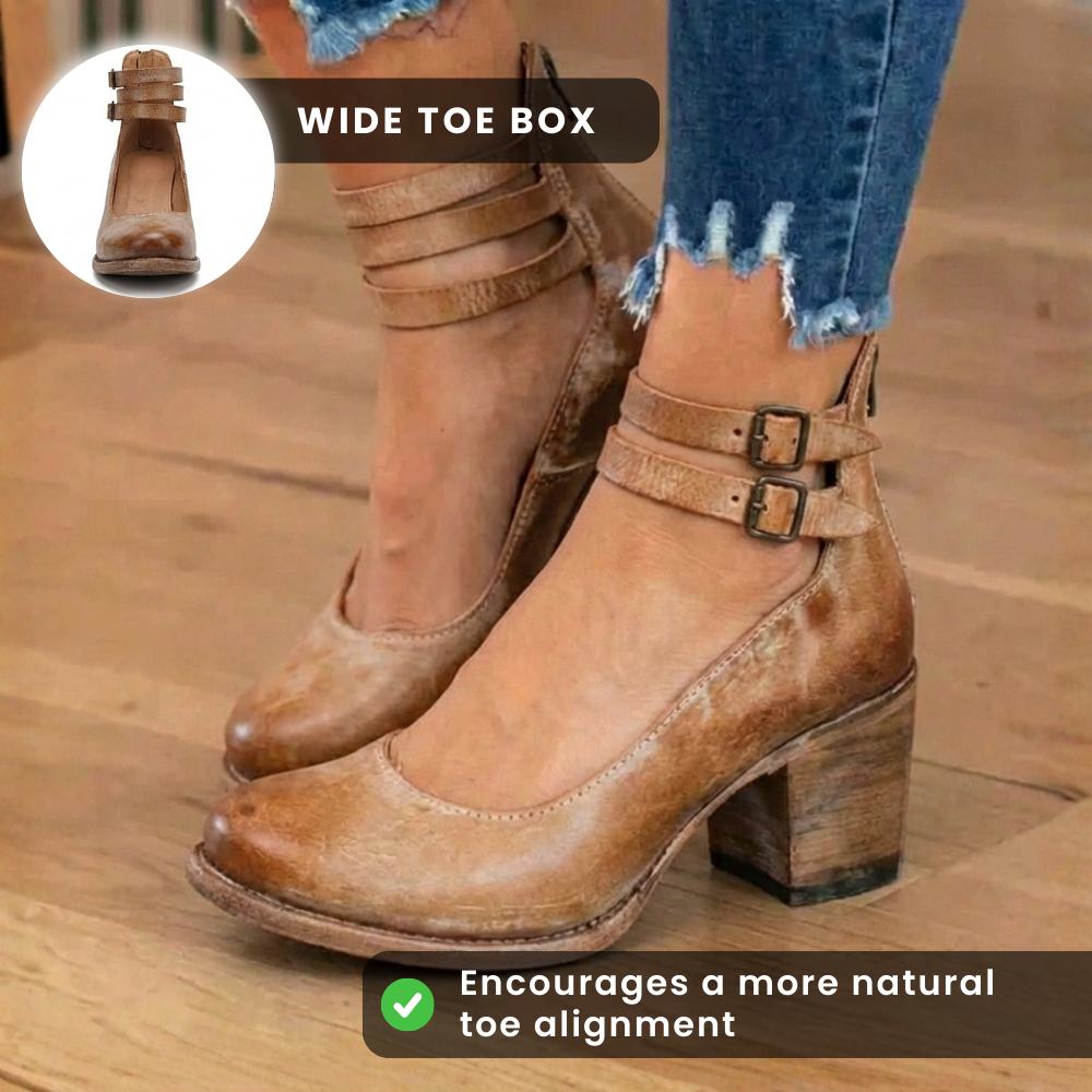 Orthopedic Leather Ankle Boots - Block Heel Double Buckle Strap