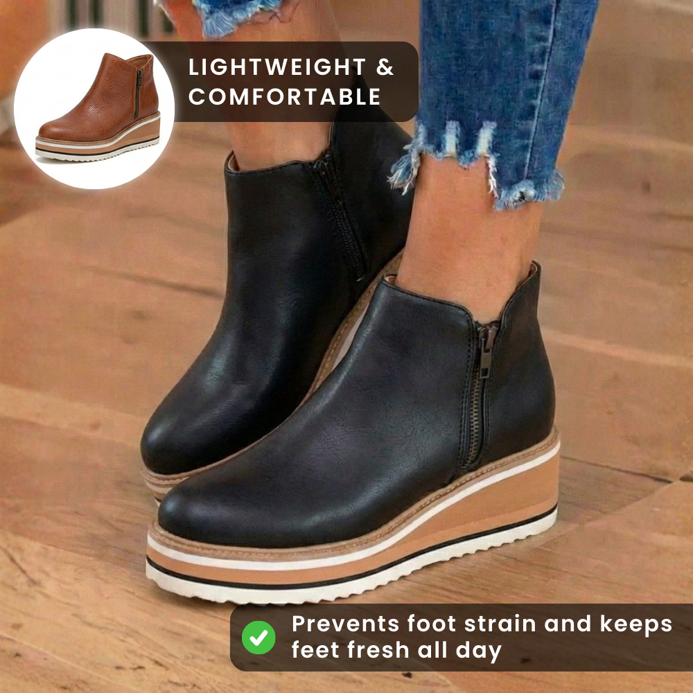 Orthopedic Leather Platform Ankle Boots - Side Zip Wedge
