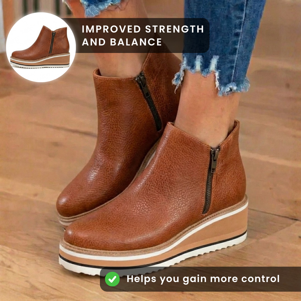 Orthopedic Leather Platform Ankle Boots - Side Zip Wedge