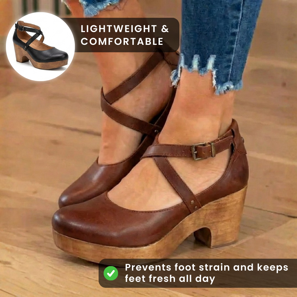 Orthopedic Leather Platform Heels - Crisscross Ankle Strap