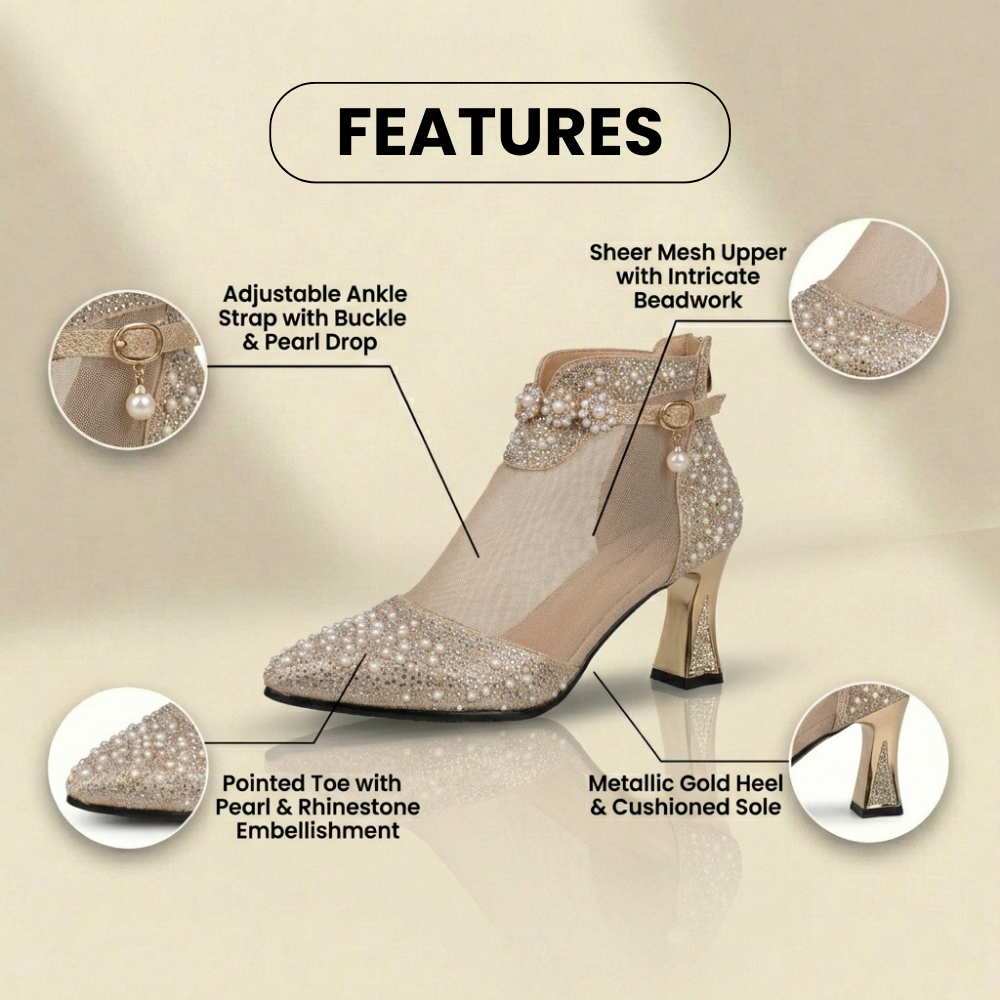 Orthopedic Mesh Rhinestone Ankle Booties - Sheer Panel & Block Heel