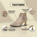 Orthopedic Mesh Rhinestone Ankle Booties - Sheer Panel & Block Heel