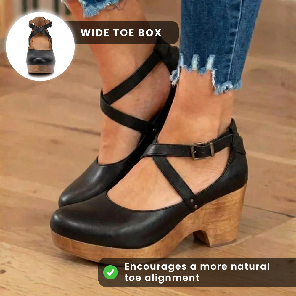 Orthopedic Leather Platform Heels - Crisscross Ankle Strap