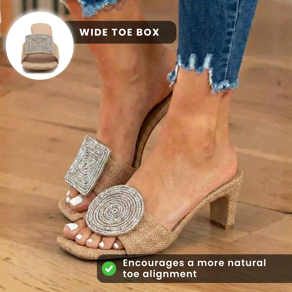 Orthopedic Raffia Block Heel Mules - Crystal Circle & Square Embellishment