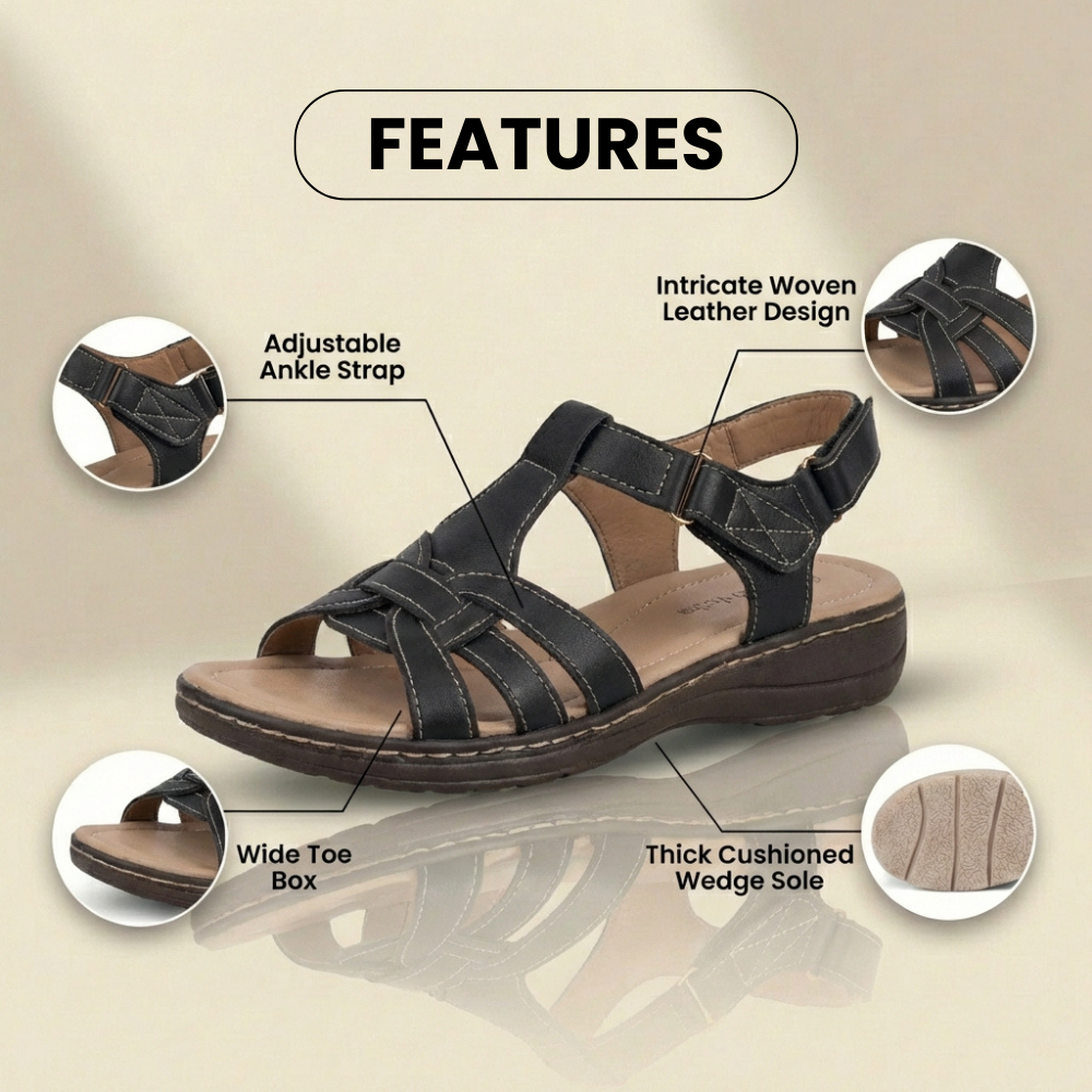 Orthopedic Leather Braided T-Strap Sandals - Ankle Buckle & Cork Sole