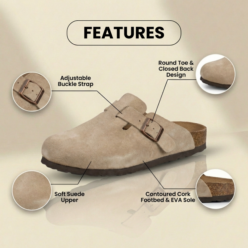 Orthopedic Suede Cork Footbed Clogs - Single Buckle Detail