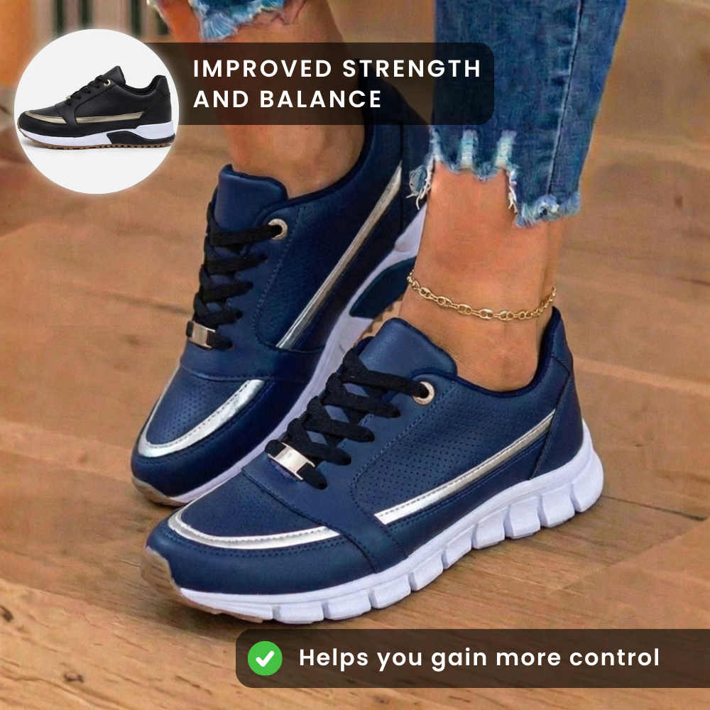 Orthopedic Leather Athletic Sneakers - Metallic Stripe Accent & Perforated Detailing*