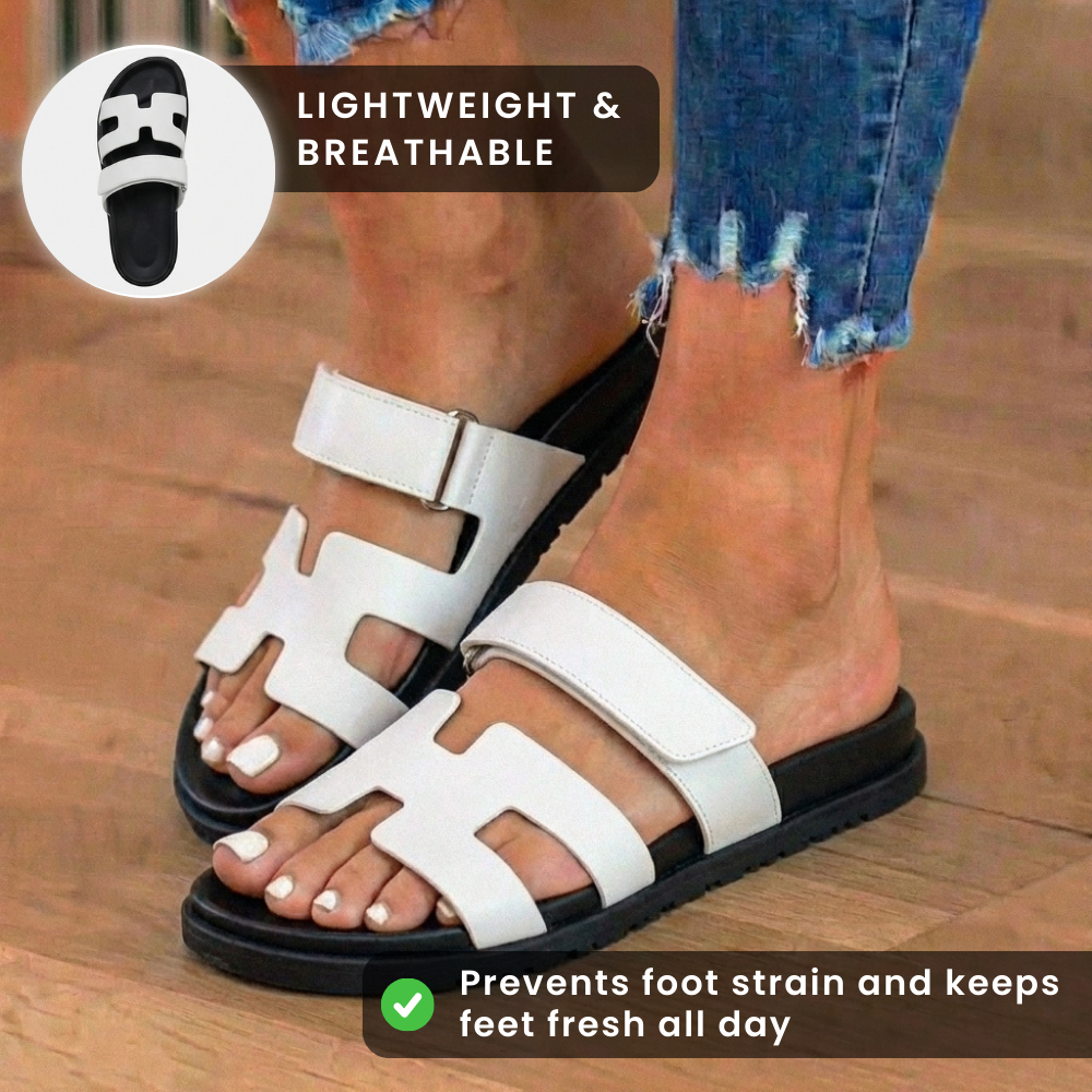 Orthopedic Leather H-Strap Slide Sandals - Adjustable Buckle Closure