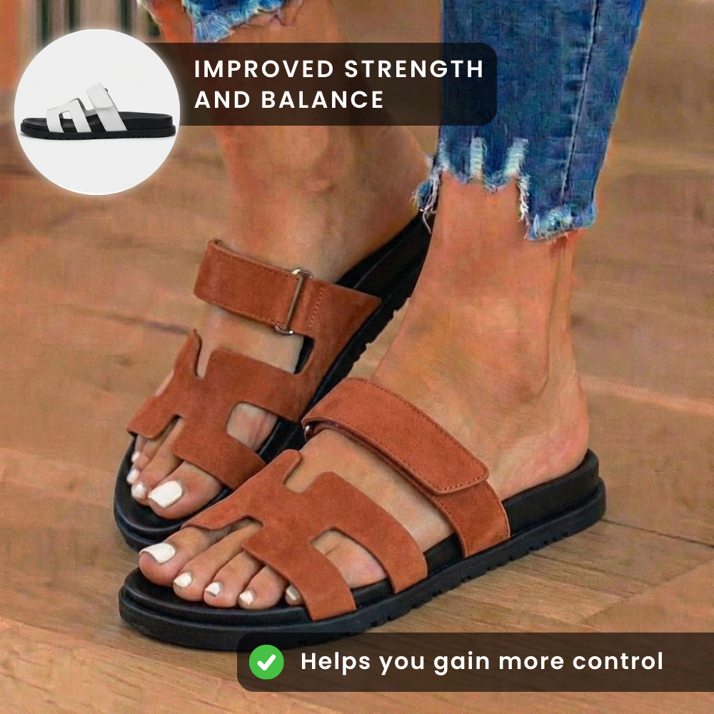 Orthopedic Leather H-Strap Slide Sandals - Adjustable Buckle Closure