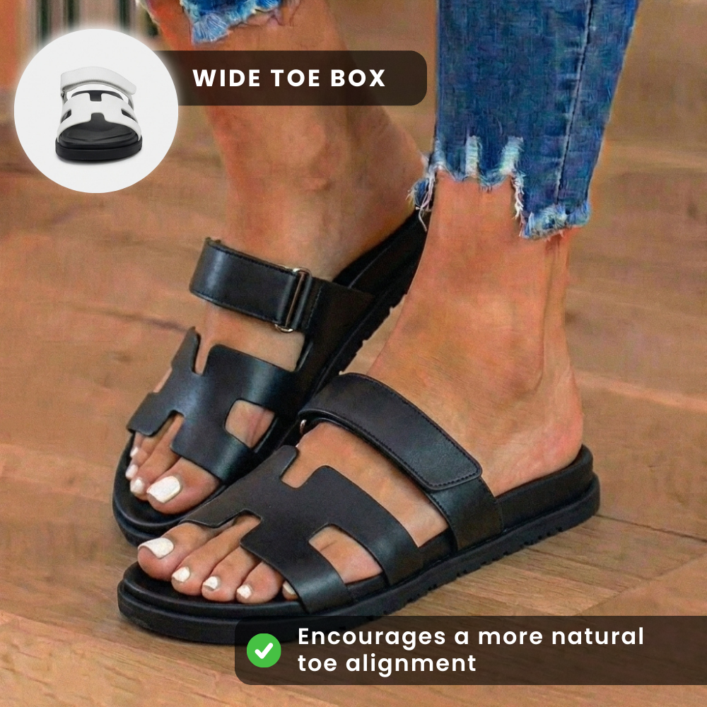 Orthopedic Leather H-Strap Slide Sandals - Adjustable Buckle Closure