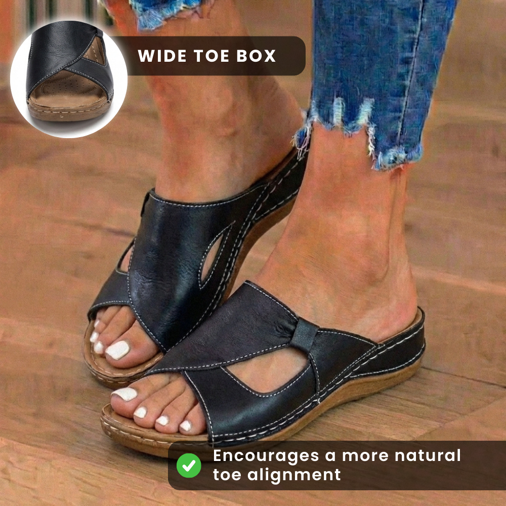 Orthopedic Leather Crossover Slide Sandals - Contrast Stitching Detail