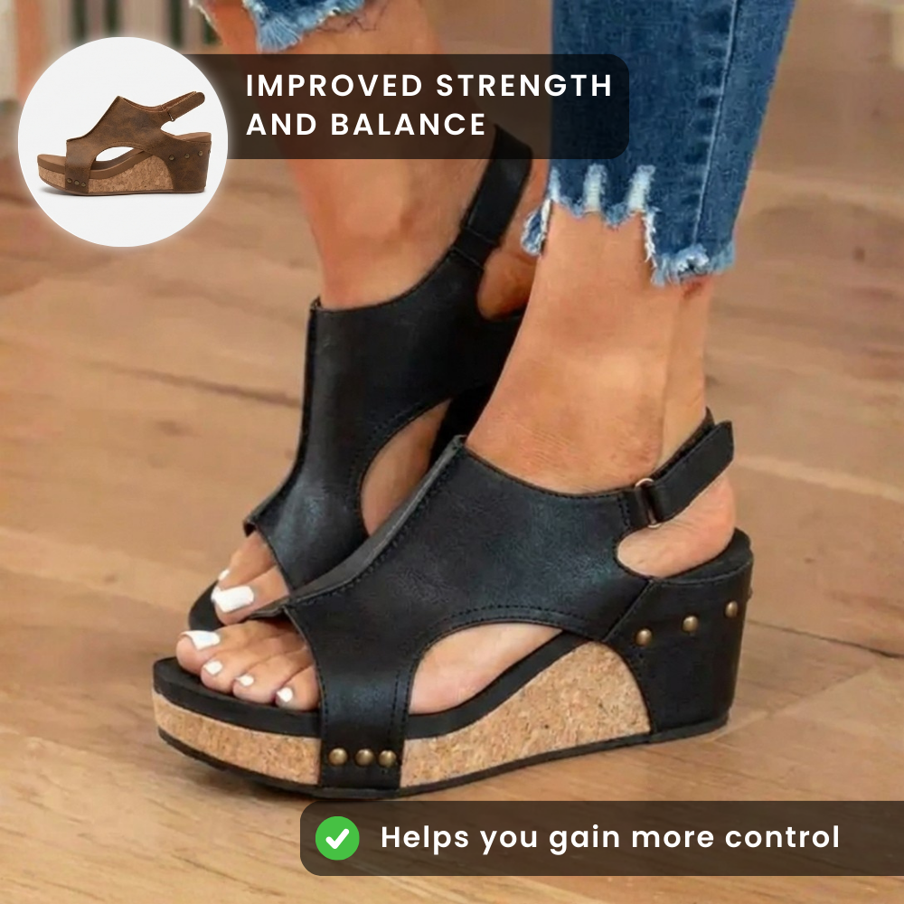 Orthopedic Leather Studded Platform Wedges - Cork & Cutout Design