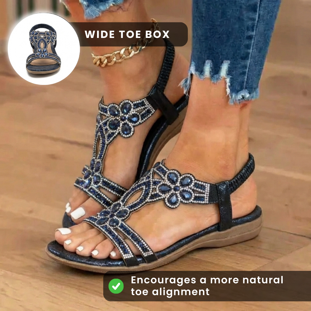 Orthopedic Embellished Wedge Sandals - Rhinestone Floral & Elastic Slingback