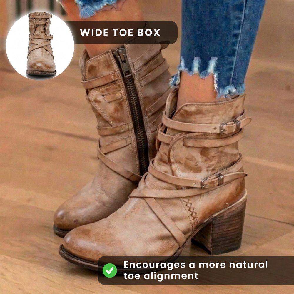 Orthopedic Leather Multi-Strap Ankle Boots - Side Zip Buckle
