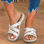 Orthopedic Suede Slide Sandals - Perforated Cutout & Velcro Closure