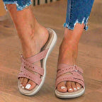 Orthopedic Suede Slide Sandals - Perforated Cutout & Velcro Closure