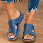 Orthopedic Leather Crossover Slide Sandals - Contrast Stitching Detail