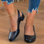 Orthopedic Leather V-Cut Block Heel Pumps - Topstitch Detail