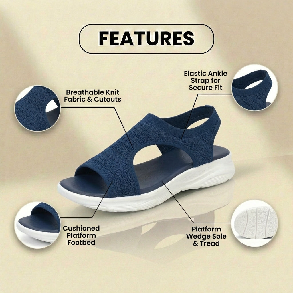 Orthopedic Knit Sport Sandals - Elastic Ankle Strap & Platform Wedge