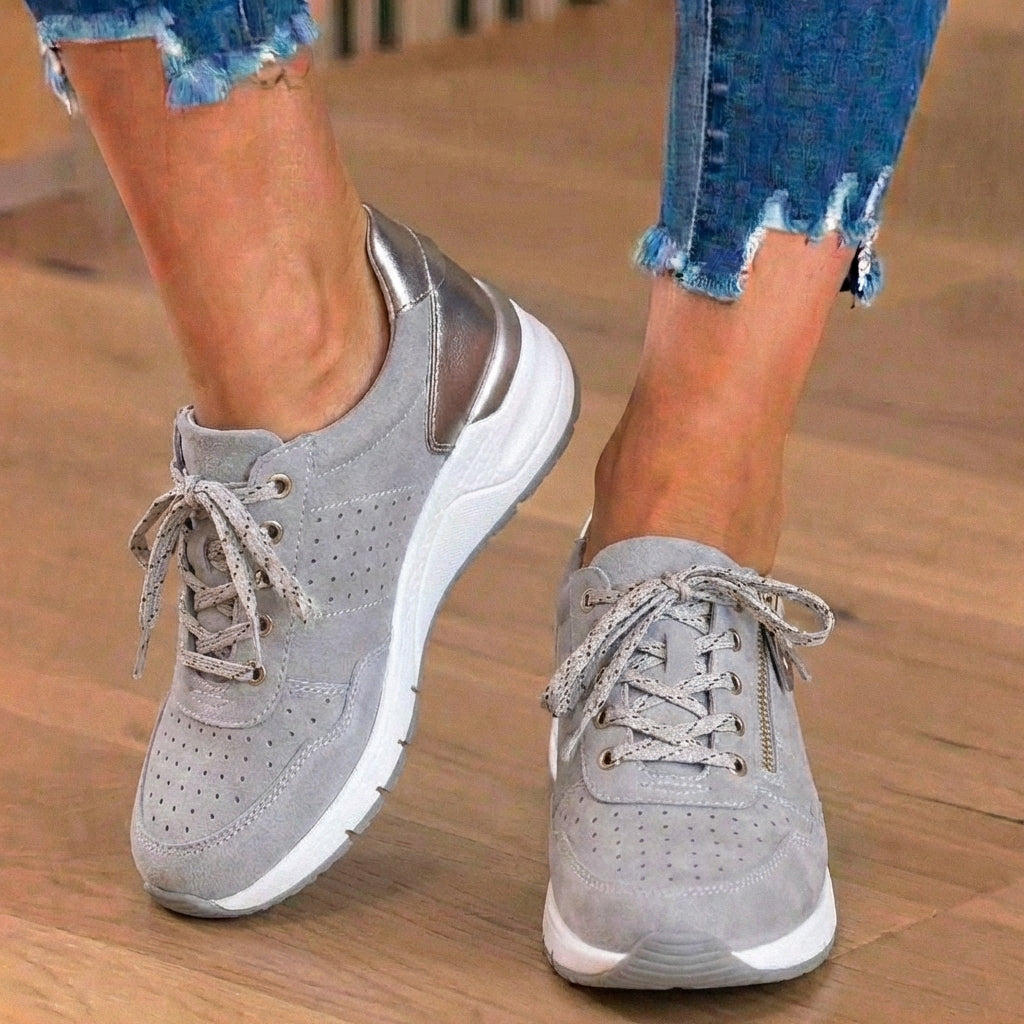 Orthopedic Suede Platform Sneakers - Perforated Design & Metallic Heel Counter