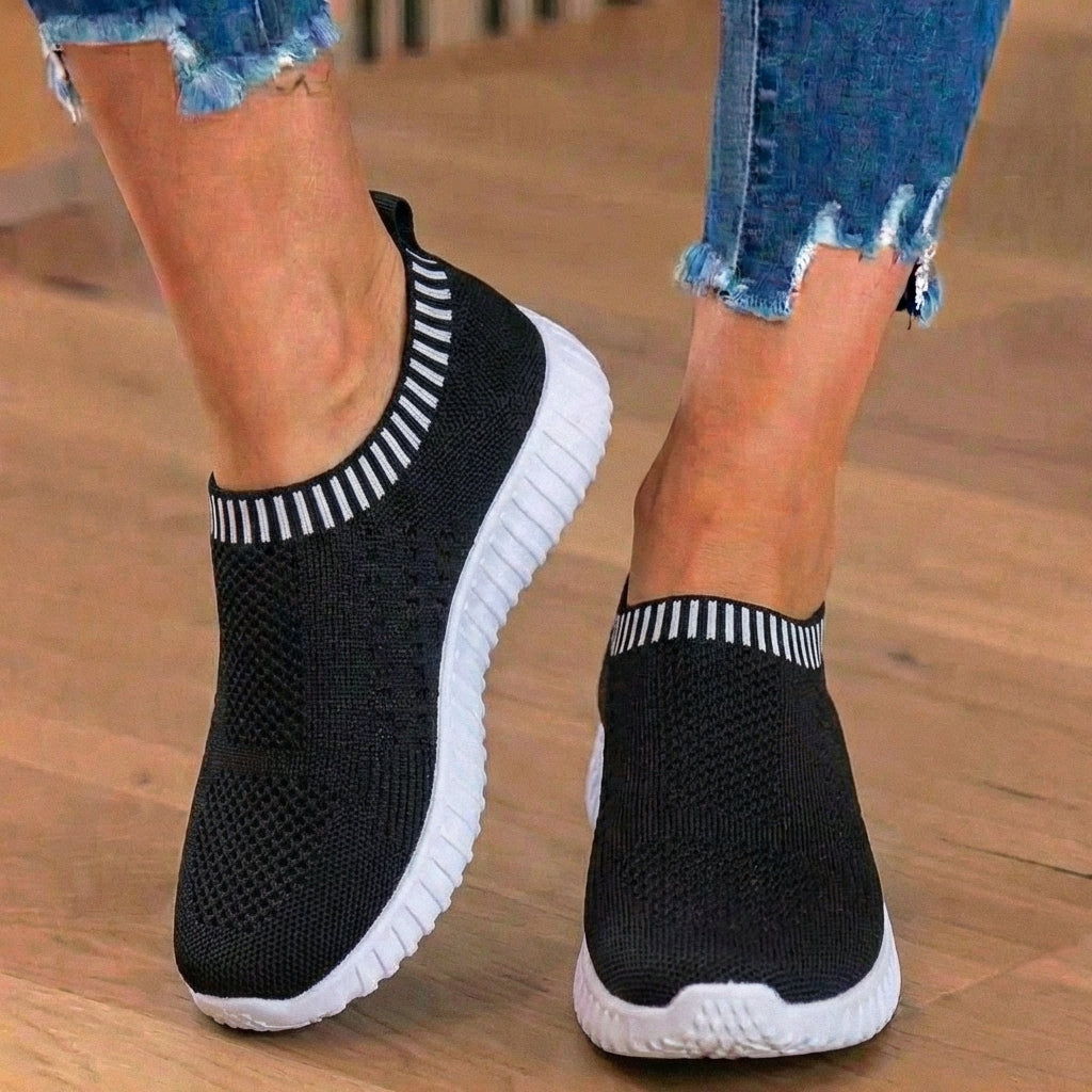 Orthopedic Knit Slip-On Sneakers - Ribbed Collar Design & Breathable Mesh Upper