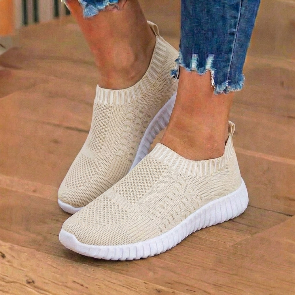 Orthopedic Knit Slip-On Sneakers - Ribbed Collar Design & Breathable Mesh Upper