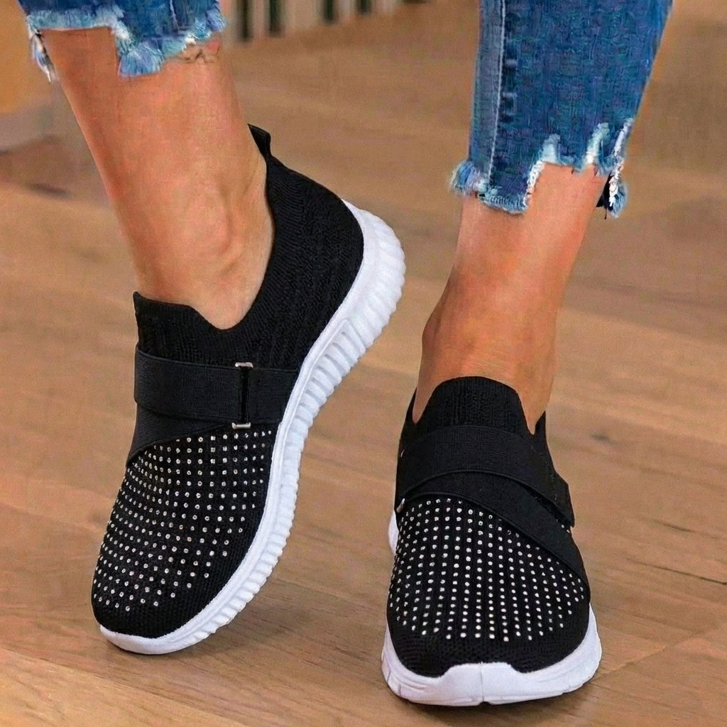 Orthopedic Knit Slip-On Sneakers - Rhinestone Embellished & Adjustable Strap*