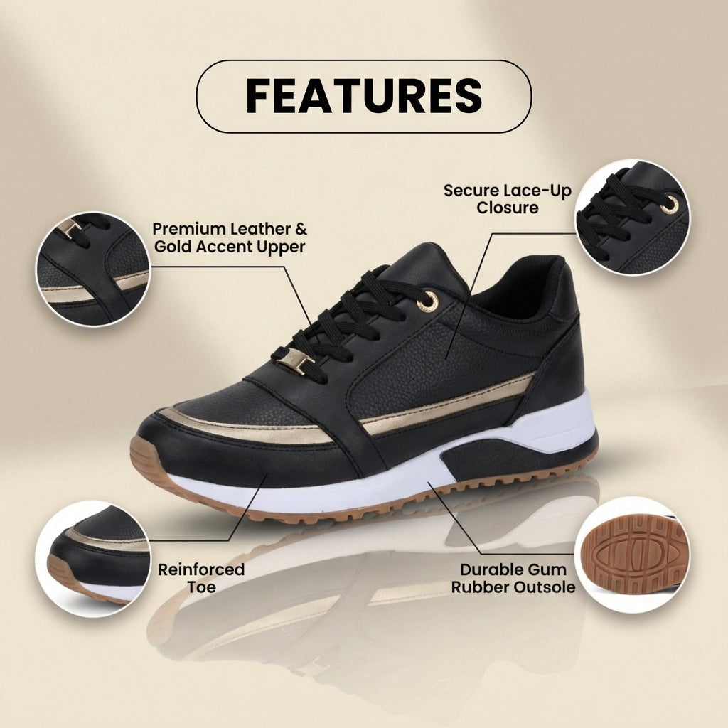 Orthopedic Leather Athletic Sneakers - Metallic Stripe Accent & Perforated Detailing*