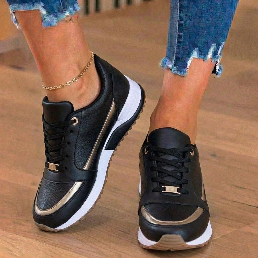 Orthopedic Leather Athletic Sneakers - Metallic Stripe Accent & Perforated Detailing*