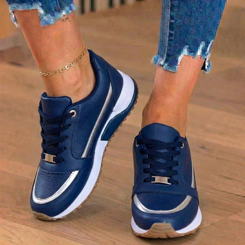 Orthopedic Leather Athletic Sneakers - Metallic Stripe Accent & Perforated Detailing*