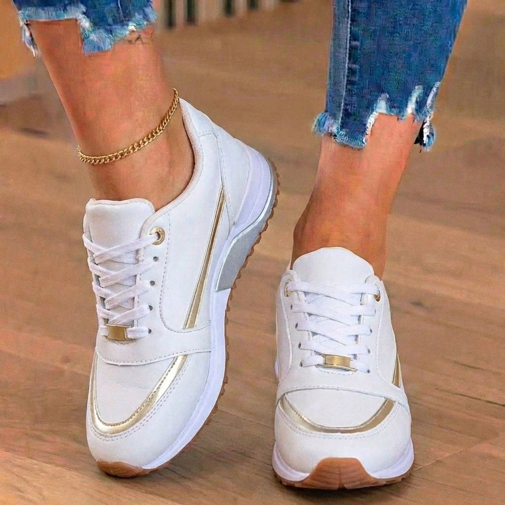 Orthopedic Leather Athletic Sneakers - Metallic Stripe Accent & Perforated Detailing*