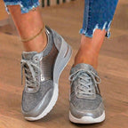 Orthopedic Leather Wedge Sneakers - Glitter Embellished & Perforated Panels