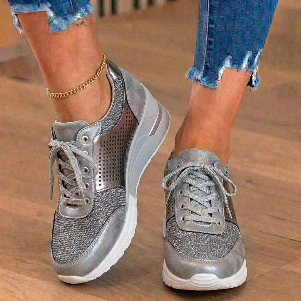 Orthopedic Leather Wedge Sneakers - Glitter Embellished & Perforated Panels