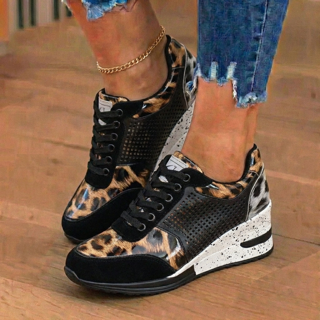 Orthopedic Leather Wedge Sneakers - Glitter Embellished & Perforated Panels