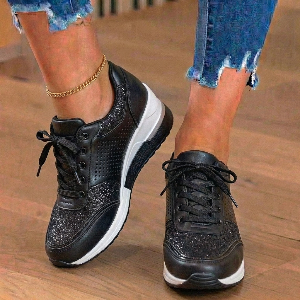 Orthopedic Leather Wedge Sneakers - Glitter Embellished & Perforated Panels