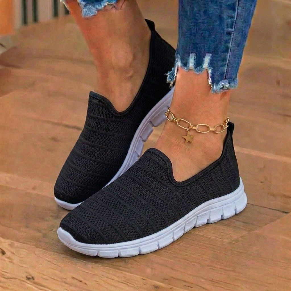 Orthopedic Knit Slip-On Sneakers - Striped Textured Design & Laceless Convenience