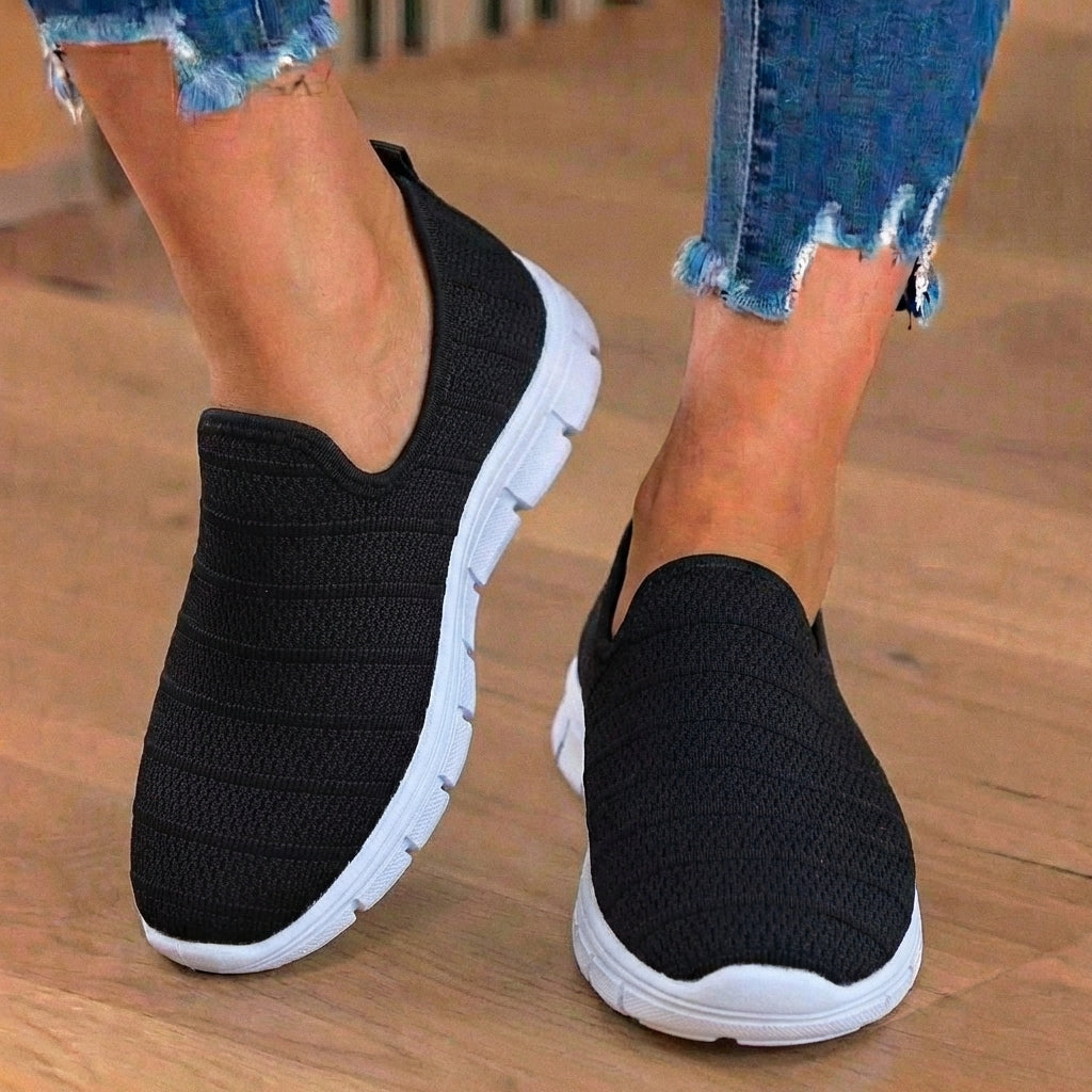 Orthopedic Knit Slip-On Sneakers - Striped Textured Design & Laceless Convenience