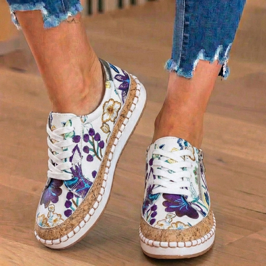 Orthopedic Canvas Espadrille Sneakers - Embroidered Floral Pattern & Cork Trim Detail