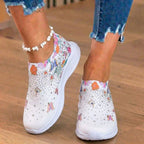 Orthopedic Knit Slip-On Sneakers - Butterfly & Floral Print & Crystal Embellishments