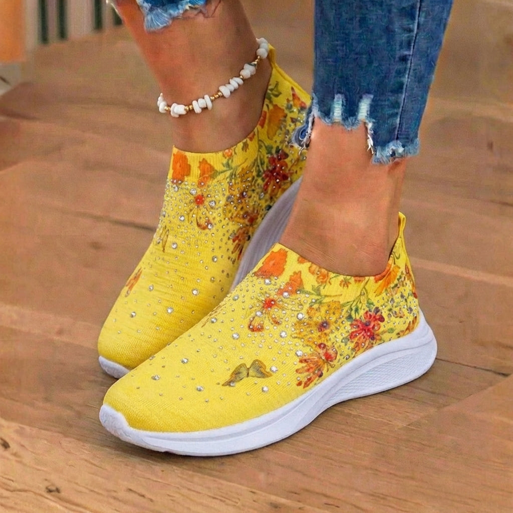 Orthopedic Knit Slip-On Sneakers - Butterfly & Floral Print & Crystal Embellishments