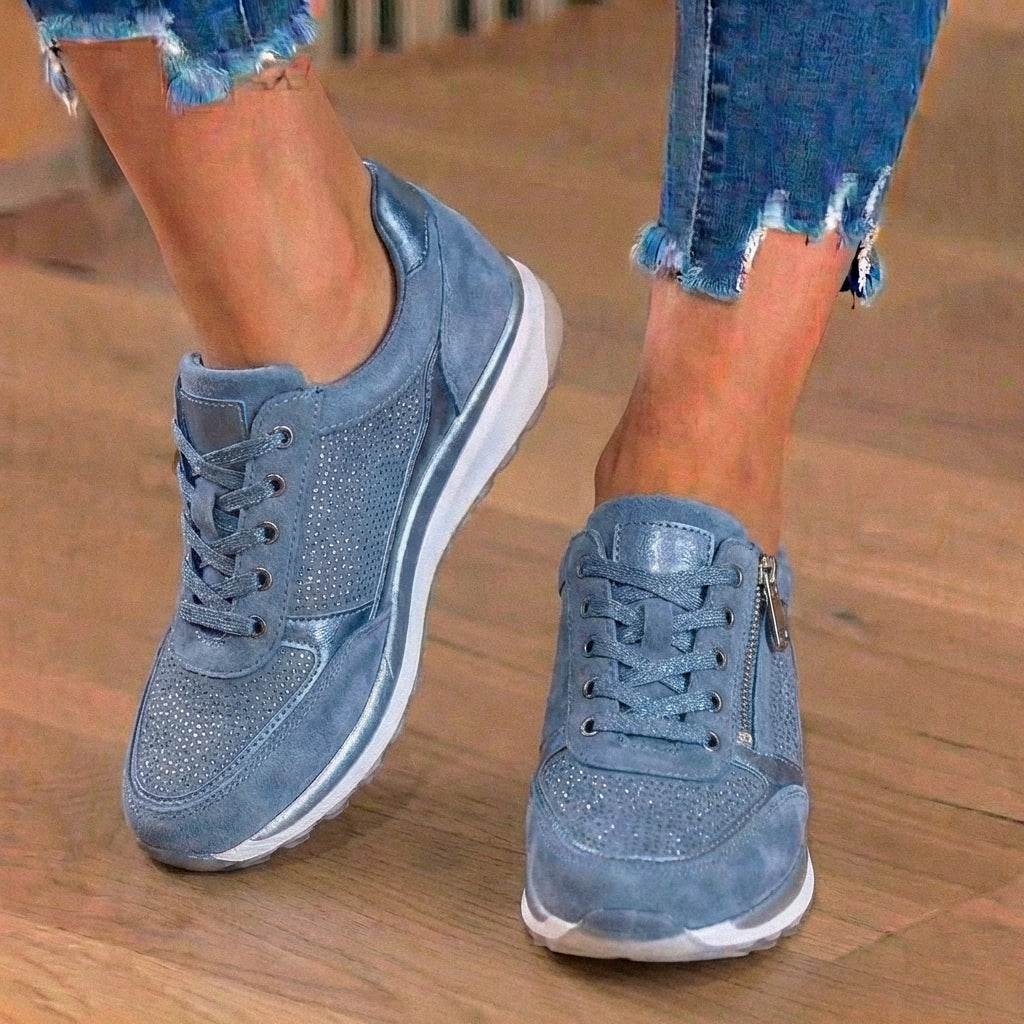 Orthopedic Suede Wedge Sneakers - Rhinestone Embellished Design & Hidden Height Boost