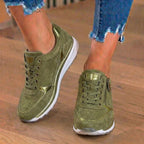 Orthopedic Suede Wedge Sneakers - Rhinestone Embellished Design & Hidden Height Boost