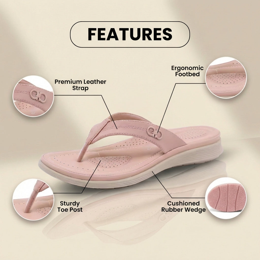 Orthopedic Leather Flip Flops - Thong Style Design & Gold Accent Hardware