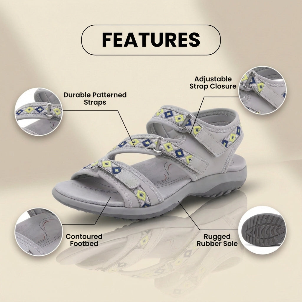 Orthopedic Synthetic Sandals - Tribal Print Straps & Multi-Adjustable Buckle Closure