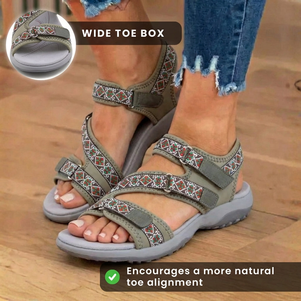 Orthopedic Synthetic Sandals - Tribal Print Straps & Multi-Adjustable Buckle Closure