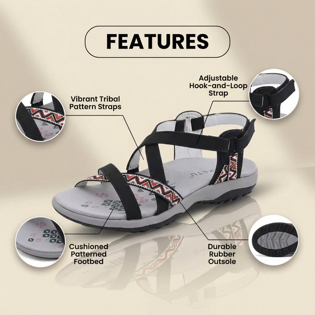 Orthopedic Textile Sandals - Bohemian Strappy Design & Geometric Trim Detail