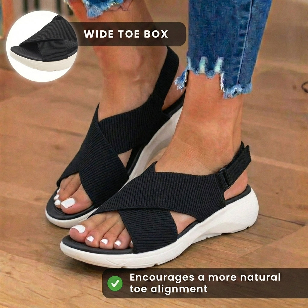 Orthopedic Knit Fabric Sandals - Crossover Strap Design & Platform Cushioned Sole